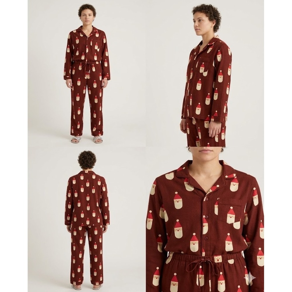 Hanna Andersson Flannel Pajama Set Womens L Brown Santa Print Holiday Super Soft